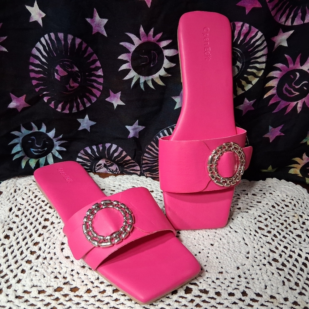 Open Edit Lely Slides Sandals Pink Silver Buckle Square Toe Size 9 Flip Flops - Picture 6 of 13